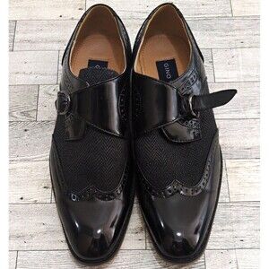 Gino Vitale Men's Black Monk Strap Buckle Dress Shoes Herringbone PU 8.5